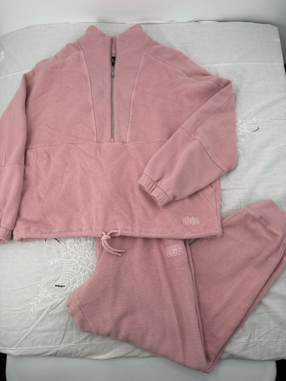 UGG Sweatsuit Set Wm XL Extra Large Elana Clay Pink Sherpa Half-Zip Pullover